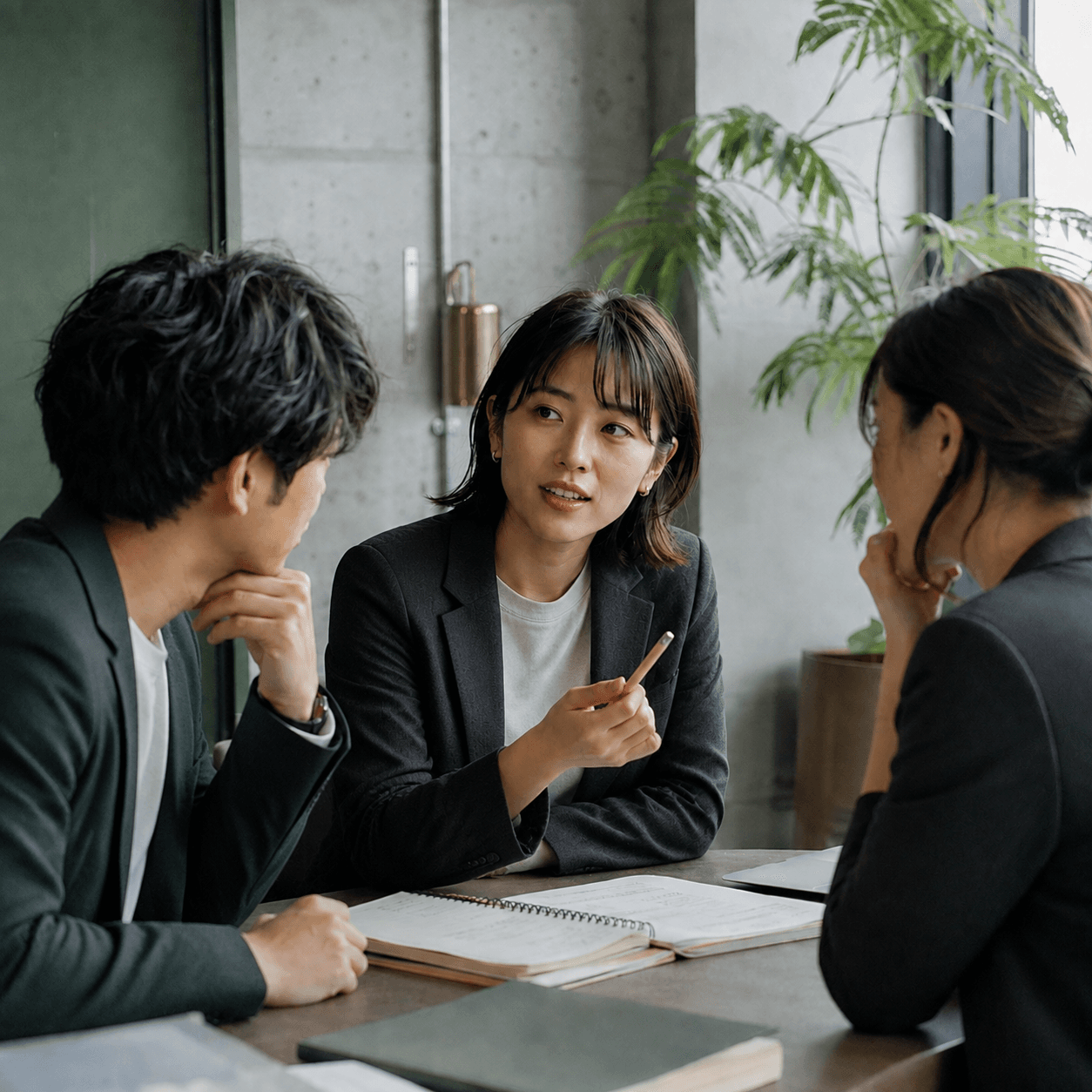 AI生成の撮影イメージ：小さなチームで意見を交わすミーティング。実在の社員ではありません。